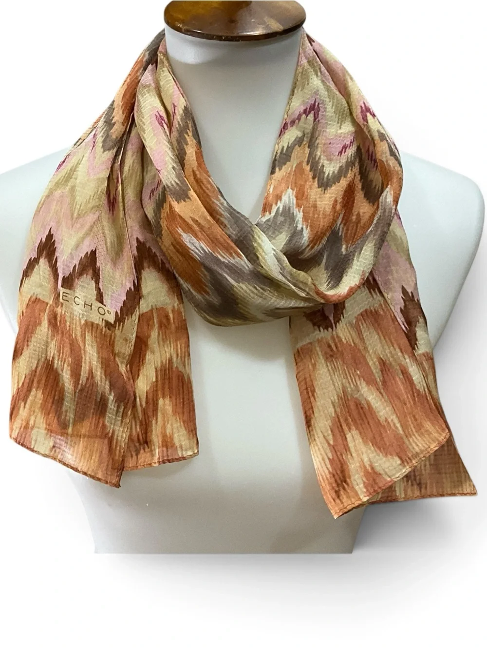 Echo 100% Silk Scarf Chevron Zigzag Print Pink Brown Orange Oblong